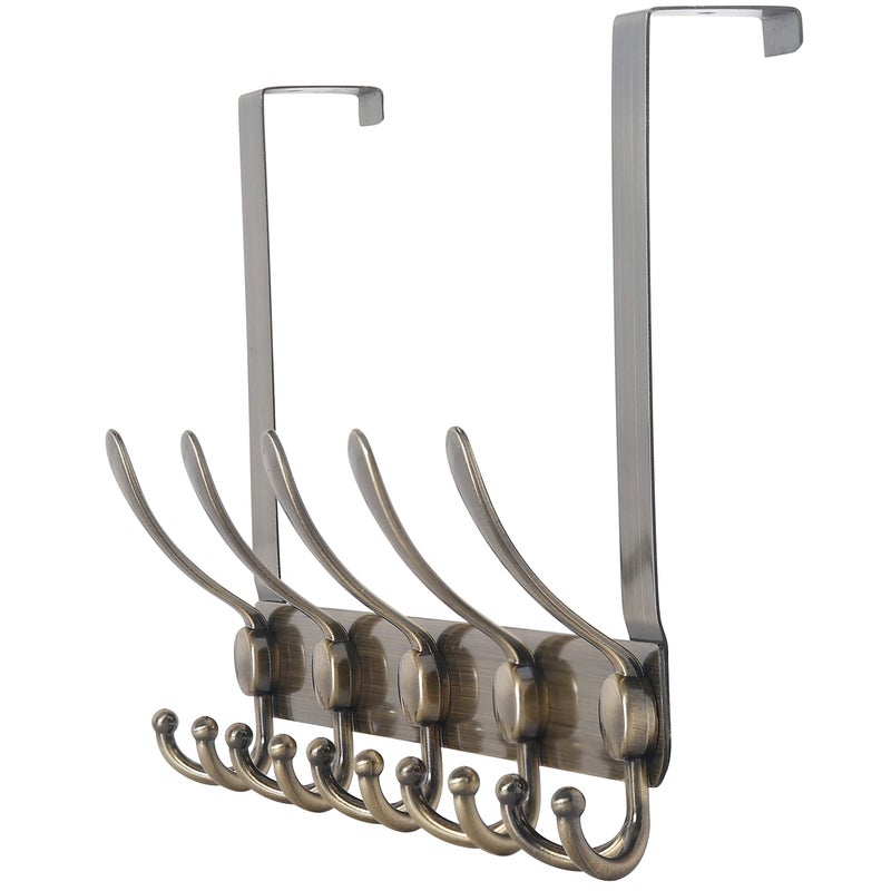 Dseap Over The Door Hook Hanger - Fits 1 3/8" to 1 3/4" Standard Doors | 5 Tri Hooks Heavy Duty Towel/Coat Rack | Door Organizer for Clothes, Jackets, Hats, Towels, Bronze - Image 1